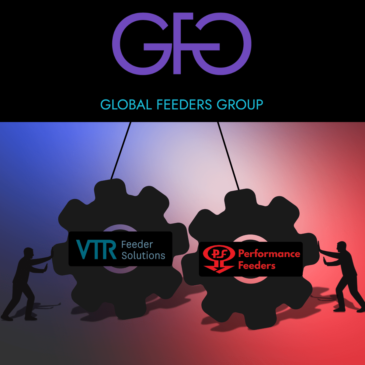 Gears meshing illustrating the integration between Performance Feeders and VTR Feeder Solutions